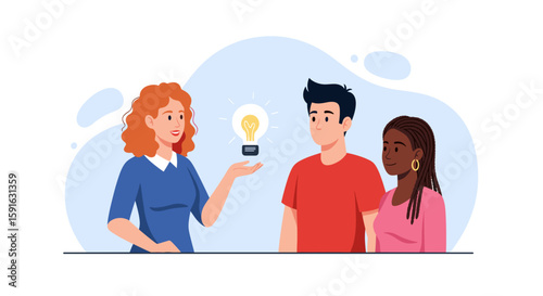 Diverse team brainstorming, woman presenting a new idea - perfect for websites, presentations, and marketing materials.