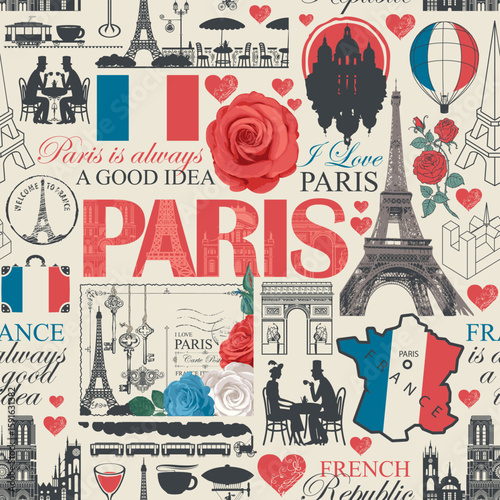 Seamless pattern on France,  Paris theme with inscriptions, landmarks, map and flag. T-shirt design, travel postcard. Wallpaper, wrapping paper. Valentine's Day. Language school. No AI 