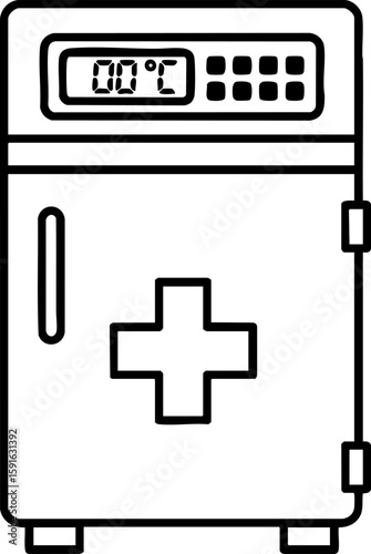 Minimalist vaccine storage icon. A simple vector graphic of a medical cooler, representing pharmacy, research, and healthcare logistics