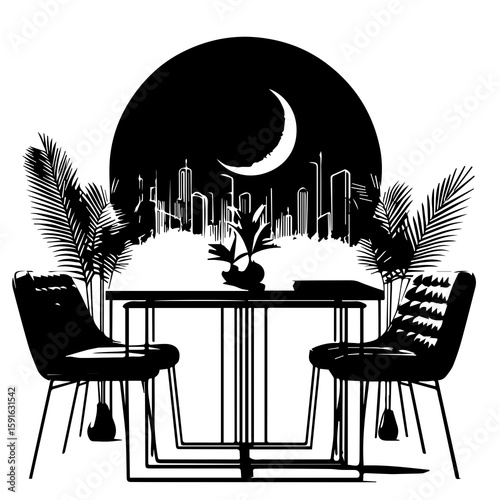 A romantic evening scene with a table and chairs set against a cityscape under a crescent moon, depicted in a stylish black and white graphic