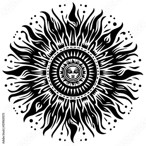 A stylized black and white illustration of a radiant sun with intricate patterns and fiery rays, symbolizing celestial energy