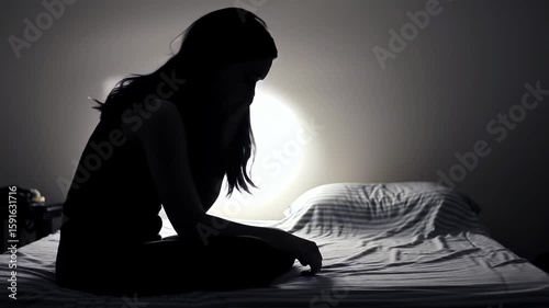 Silhouette of a person sitting on a bed in a dimly lit room