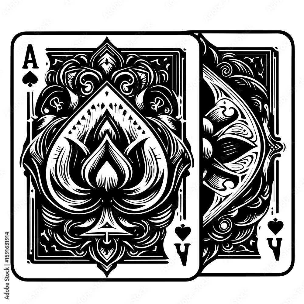 Obraz premium An ornate ace of spades playing card is displayed with a second card partially visible behind it