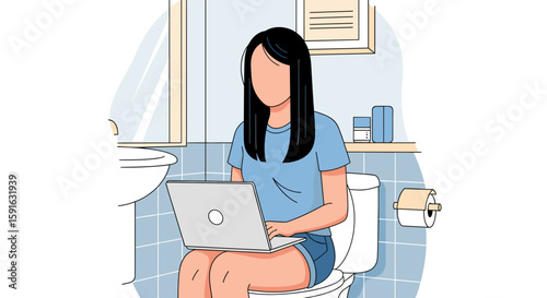 Woman working on laptop in bathroom, illustration for blog post about remote work.