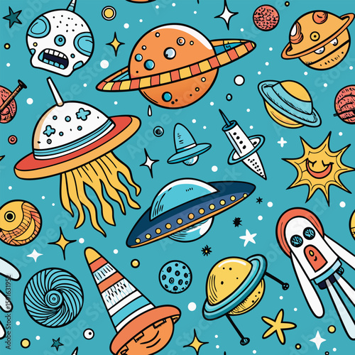 Colorful hand-drawn doodle seamless space themed pattern featuring planets spaceships stars and celestial bodies on blue background