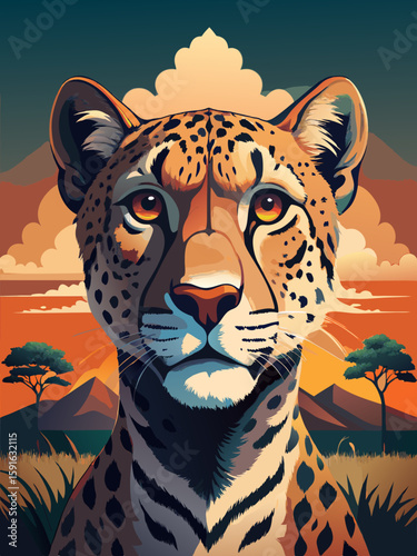 Majestic Cheetah Portrait Against African Sunset Landscape in Vibrant Art Style