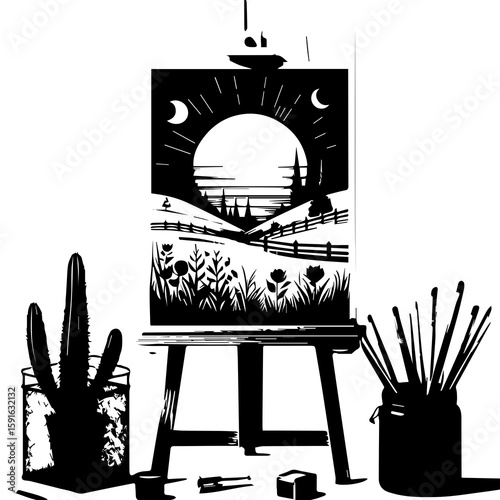 An artists easel displaying a landscape painting, with a cactus and brushes nearby