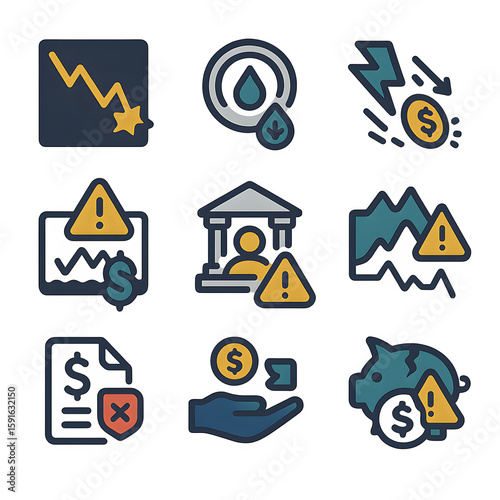 Icon set professional for dark mode Symbol and sign pictograms representing financial risk, crisis, and instability, suitable for modern designs.