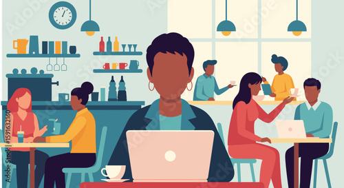 Diverse group of people working and socializing in a modern cafe, ideal for illustrating teamwork, collaboration, and modern workspaces.