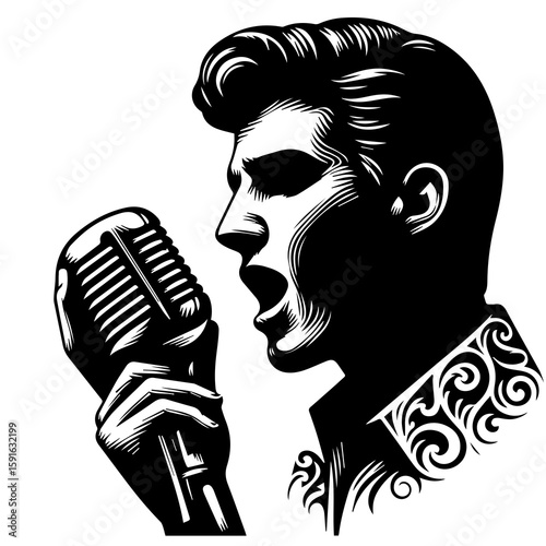 A stylized black and white illustration of a singer with a classic pompadour hairstyle holding a vintage microphone
