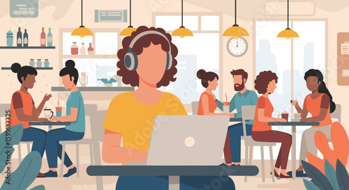 Woman working on laptop in a busy cafe, perfect for illustrating remote work, coworking spaces, or modern lifestyles.