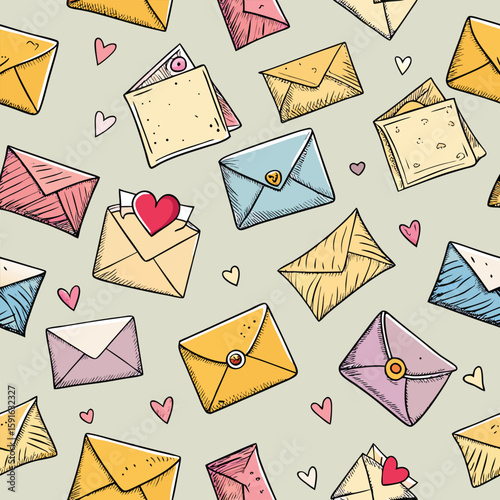 Cute hand-drawn or doodle seamless pattern featuring love letters envelopes and hearts on a soft greenish background decorative illustration