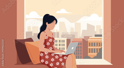 Woman working on laptop by window overlooking city, perfect for website banners or blog posts about remote work.