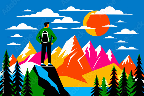 Adventurer Surveys Vibrant Mountainscape under Colorful Sky