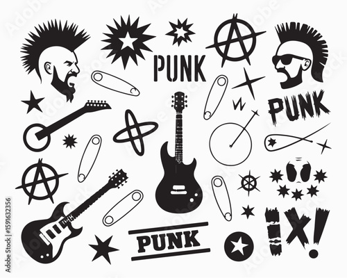 A black and white image featuring punk rock symbols such as guitars and mohawked head silhouettes