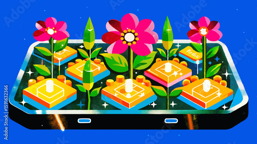Digital Growth: Nature and Technology Fusion with Lush Plants Blooming on Modern Devices
