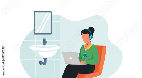 Woman working on laptop in bathroom, perfect for blog posts about remote work or work-life balance.