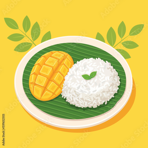 Mango Sticky Rice Vector, Traditional Thai Dessert Illustration