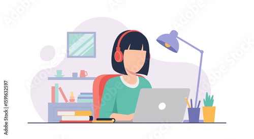 Woman working from home on laptop, ideal for remote work, online education, and freelance websites.