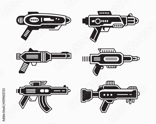 Collection of six black and white futuristic ray guns in a flat vector illustration style design element
