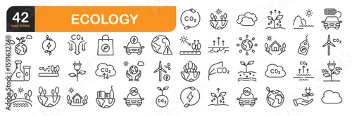 Set of line icons related to Ecology, emissions Green energy, CO2 neutral, gas emissions, climate, and more. Outline icons collection. Editable stroke. Vector illustration.
