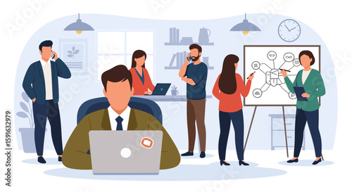 Teamwork in a modern office: Diverse group collaborating on a project, perfect for website banners or marketing materials.