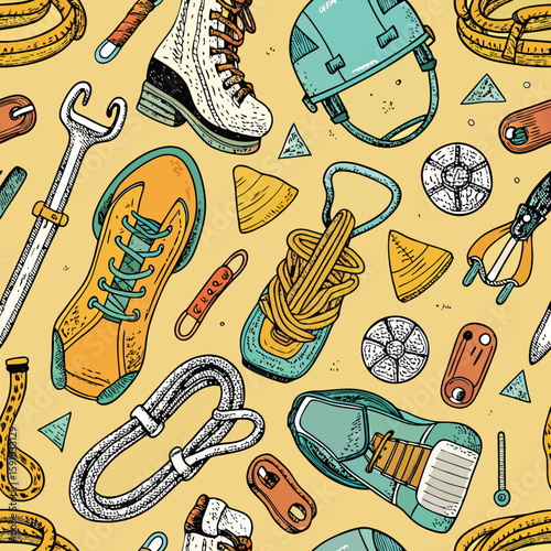 Hand-drawn seamless pattern featuring climbing and hiking gear elements including boots helmet carabiners and ropes