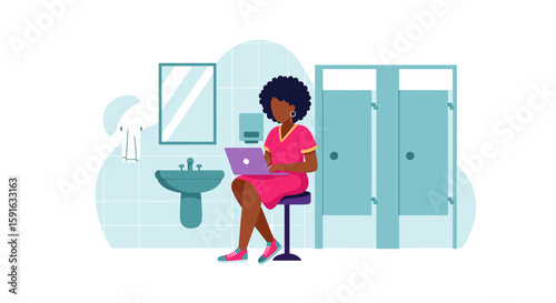 Woman working on laptop in a public restroom -  illustration for articles on work-life balance, modern challenges.