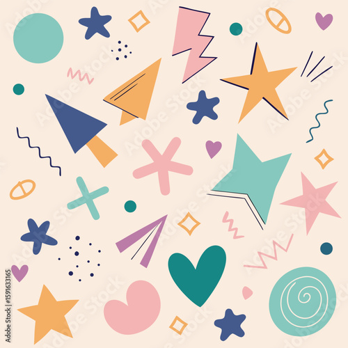 Playful arrangement of pastel shapes and doodle elements creating a repeating decorative surface design