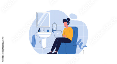 Woman working from home, using laptop in bathroom. Ideal for remote work, work from home, and flexibility articles.
