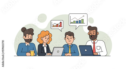 Diverse business team collaborating on project, analyzing data and graphs. Ideal for presentations, reports, and websites.