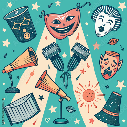 Whimsical hand-drawn or doodle illustration featuring theater masks stage props and starry background elements in a vector design