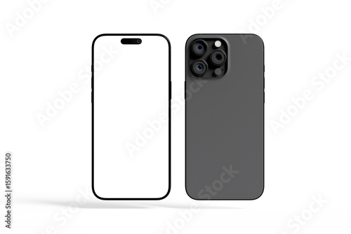Two smartphone models isolated on a white background, front and back.