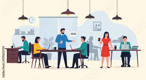 Modern office workers collaborating and working on laptops, ideal for website landing pages or brochures showcasing teamwork and productivity.