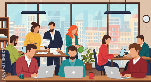 Diverse team of coworkers collaborating in a modern office, ideal for websites and brochures showcasing teamwork and productivity.