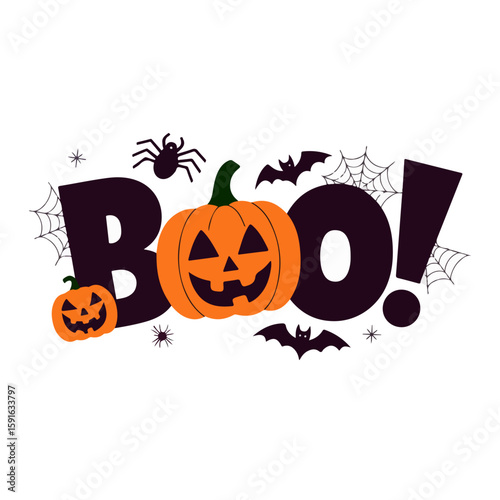 Halloween BOO text with pumpkin jack o lantern bats spider webs scary spooky typography festive decoration illustration for holiday celebration