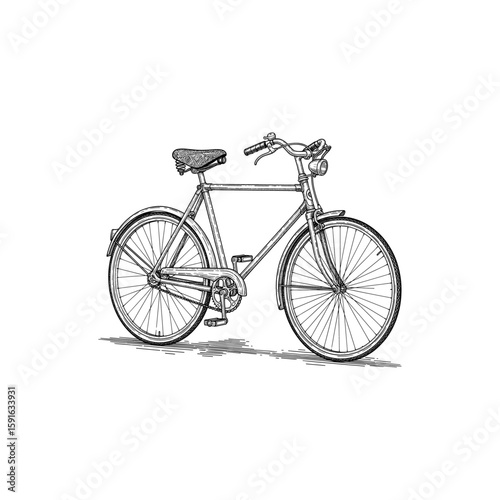 A bicycle engraving illustration drawn in an engraved, woodcut style with fine details and sketch engraving vector illustration. Scratchboard imitation. Black and white image. flat vector