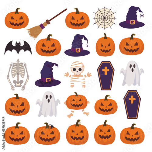 Halloween spooky icons collection with pumpkin jack o lantern ghost witch hat skeleton coffin tombstone bat owl skull spider web illustration set, Halloween spooky icons collection 
