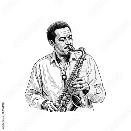 A man playing saxophpne engraving Illustration, drawn in an engraved, woodcut style with fine details sketch engraving vector illustration. Scratch board imitation. Black and white image. flat vector