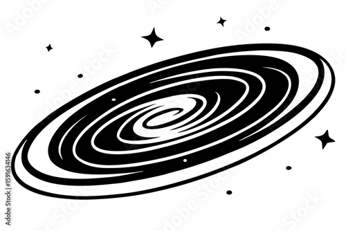 Monochrome Swirling Galaxy Illustration with Stars and Cosmic Elements in a Minimalist Style