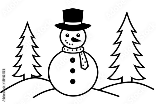 Black and White Winter Illustration: Snowman with Hat and Scarf Amidst Pine Trees