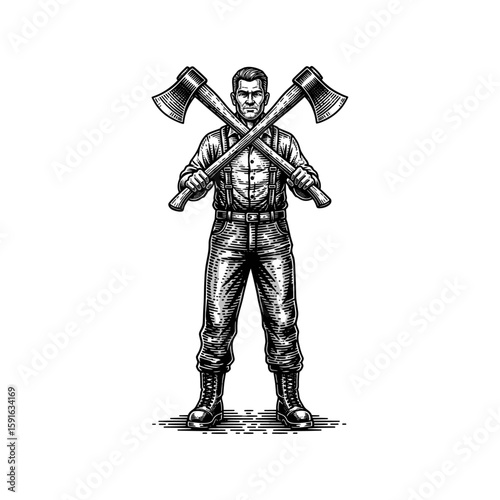 A man with Crossed Axes Lumberjack Engraving Illustration, a woodcut-style sketch with fine details sketch engraving vector illustration. Scratch imitation. Black and white image. flat vector