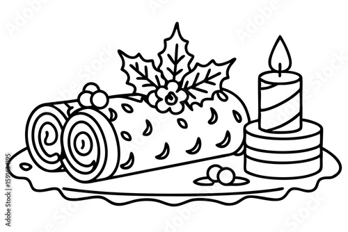 Festive Yule Log Cake with Holly and Candle Illustration for Holiday Coloring Pages