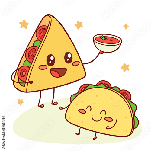 A happy cartoon taco and nacho sharing salsa dip vector
