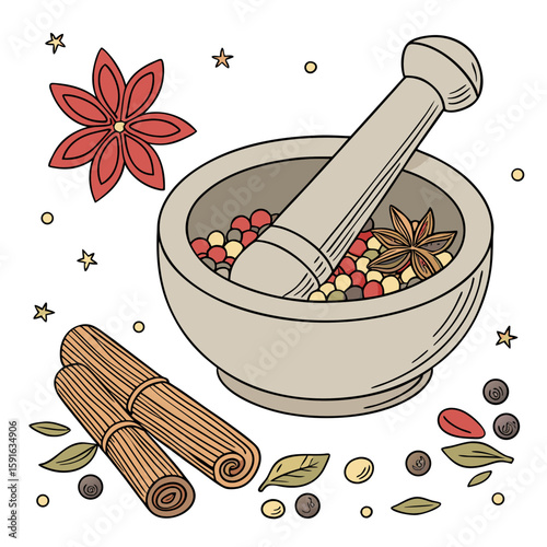 A mortar and pestle filled with spices, with cinnamon and star anise vector