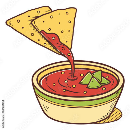 A single nacho chip dipping into a bowl of salsa vector