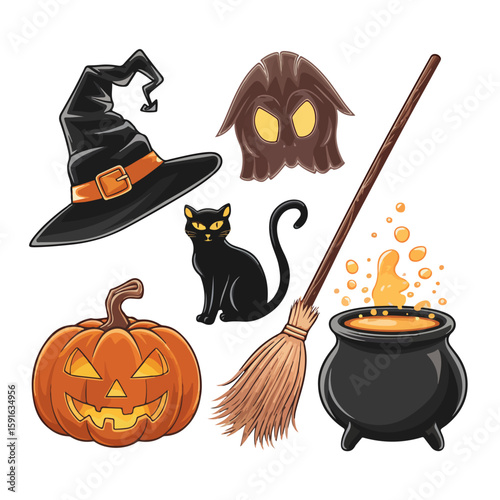 Halloween cartoon illustration set with pumpkin jack o lantern witch hat broomstick black cat cauldron boiling potion spooky ghost mask