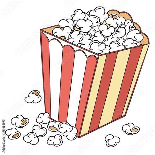A box of popcorn spilling out kernels on a white background vector