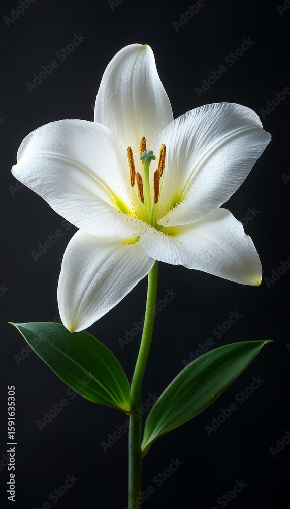 Fototapeta premium Elegant White Lily Blossom Symbolizing Purity and Grace for Tranquil Reflection and Messaging.