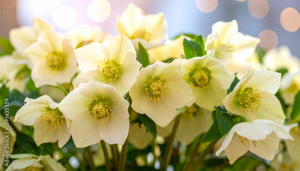 Obraz premium Winter Rose Blooming: An enchanting display of winter roses in full bloom, their delicate petals a soft, creamy hue, evoke a sense of serenity and the quiet beauty of winter.